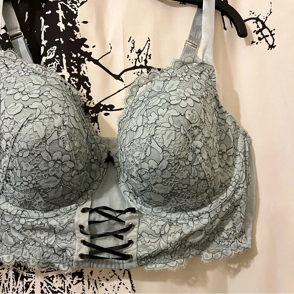 Cacique Lace Balconette Bra Underwire Lace Up Accents Blue 42DD - Picture 4 of 13